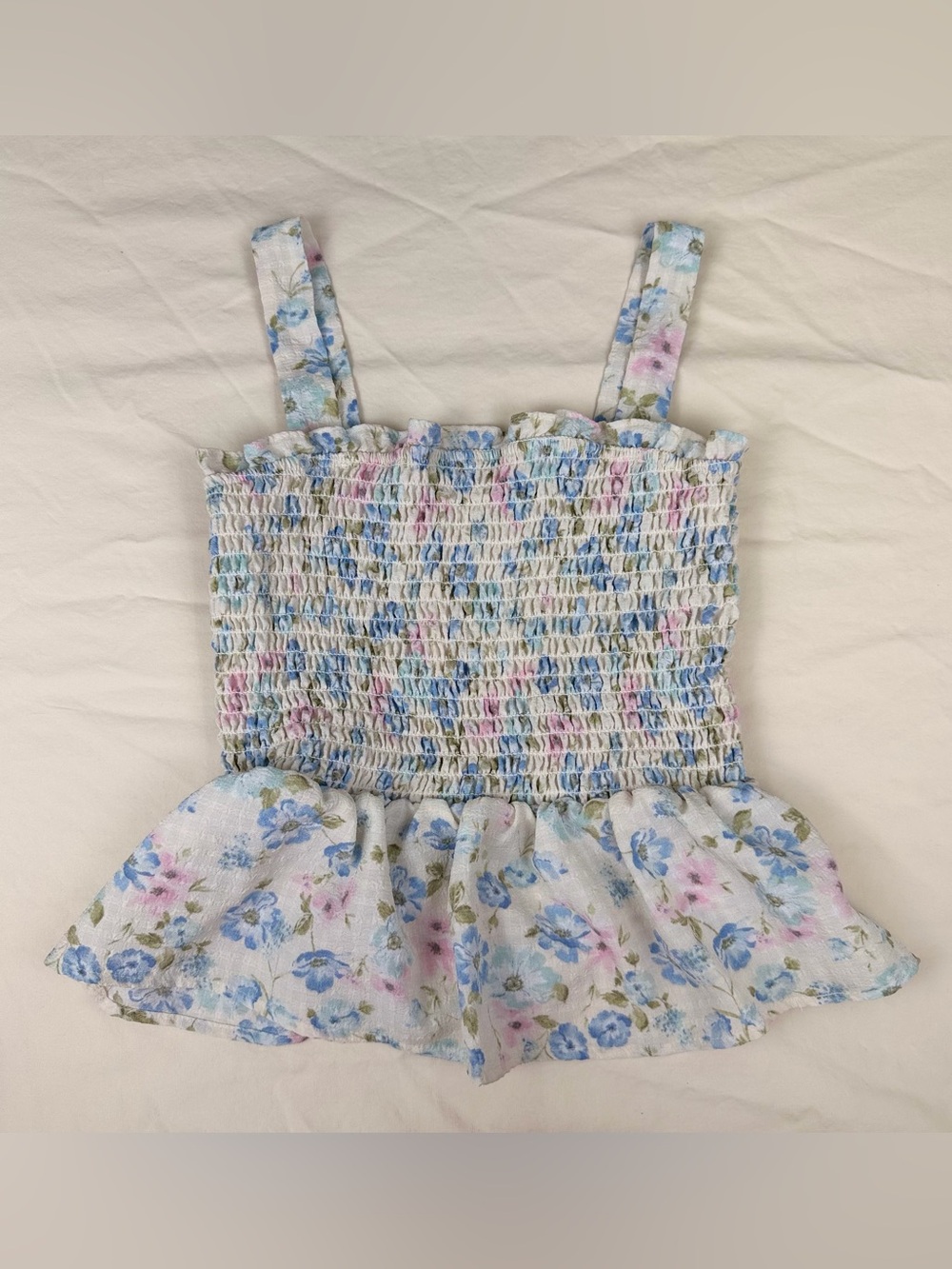 E&M Floral Smocked Peplum Crop Top Size M Blue Pink Cami Tank Ruffle Hem